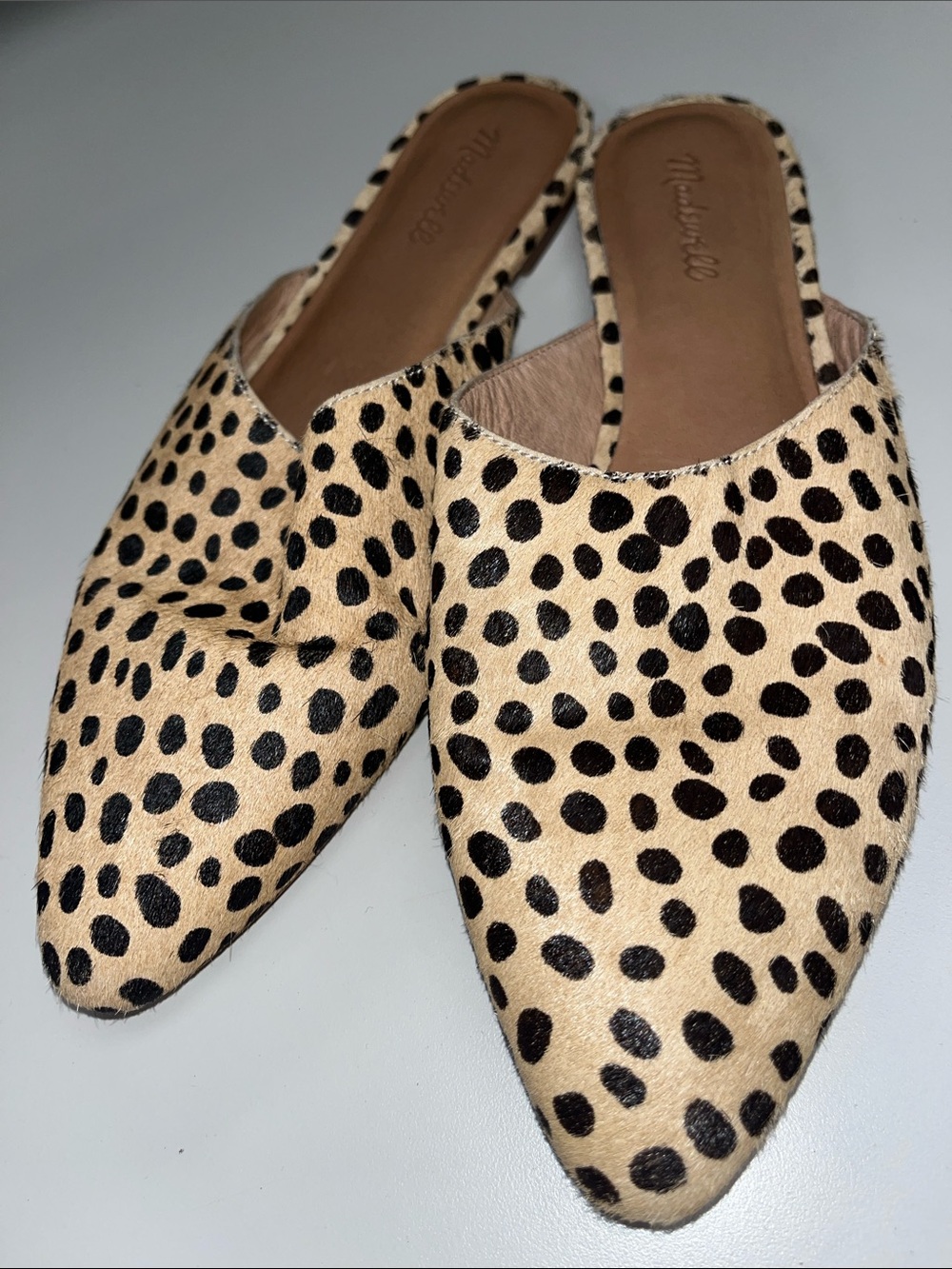 Madewell Leopard Print Pointed Toe Slip-On Cowhide Mules - Tan/Black